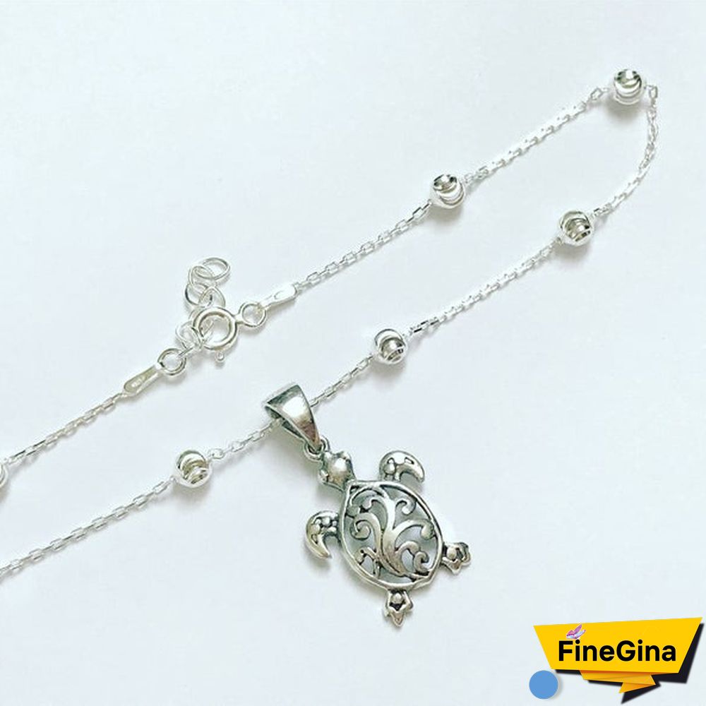 Filigree Turtle Anklet, Sterling Silver Beaded Ankle Bracelet, Sea Turtle Charm Anklet