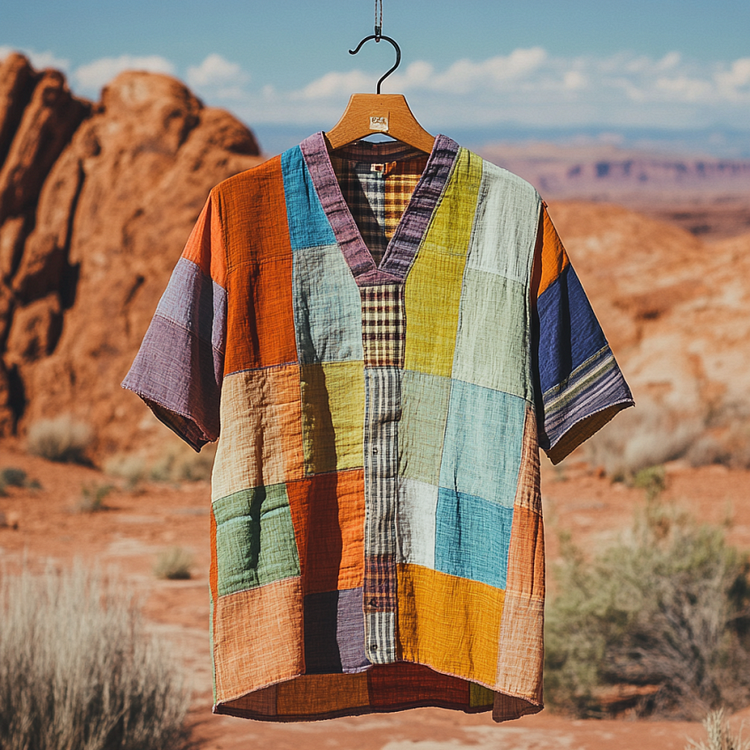 Men's Contrast Colors And Strip Patchwork Sun Linen T-shirt