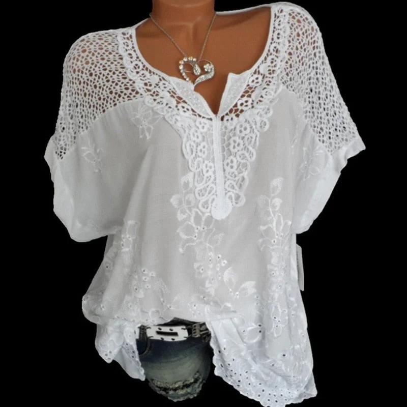 2022 Summer Short Sleeve Womens Blouses Tops Loose White Lace Patchwork Shirt Plus Size 4xl 5xl 6XL Women Tops Casual Clothes