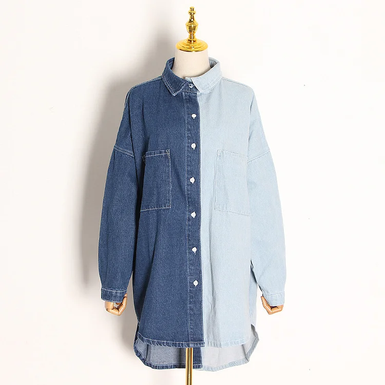 Niche Design Denim Splicing Long Sleeve Shirt