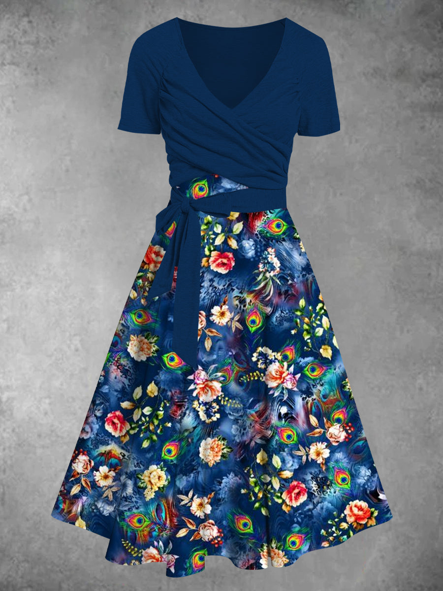 Vintage Feather Print Vintage Cross Fold Short Sleeve Two-Piece Midi Dress