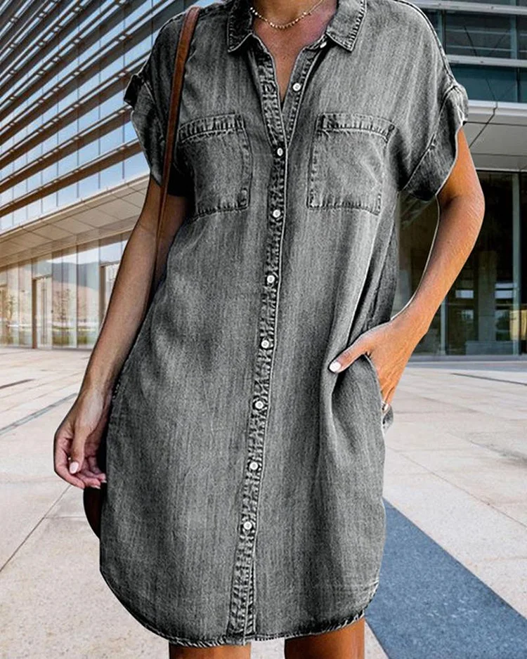 Solid Button Front Short Sleeve Pocket Shirt Denim Dress P2351172517