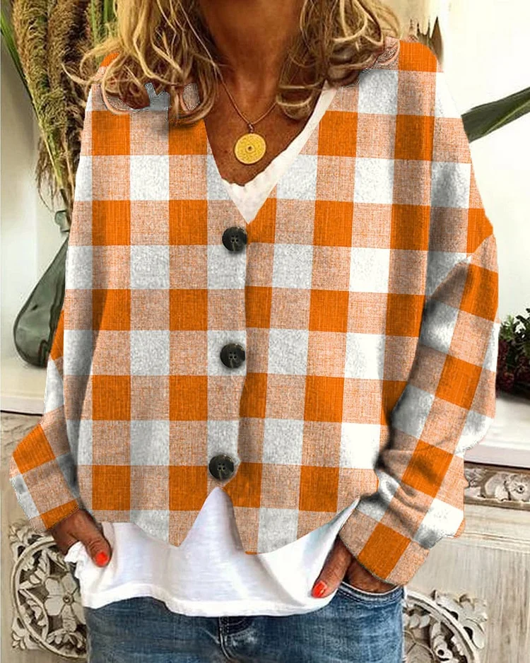 Fashionable Printed Casual Loose Buttoned Flannel Cardigan