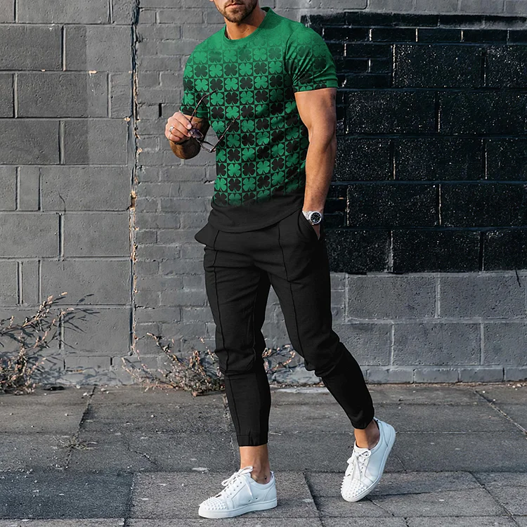 BrosWear Clover Gradual Fashion Men's Casual Short Sleeve T-shirt And Pants Co-Ord