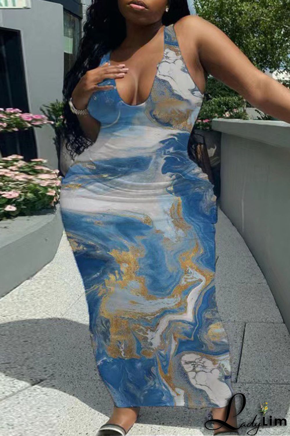 Tangerine Red Sexy Daily Print Graffiti V Neck Wrapped Skirt Plus Size Dresses