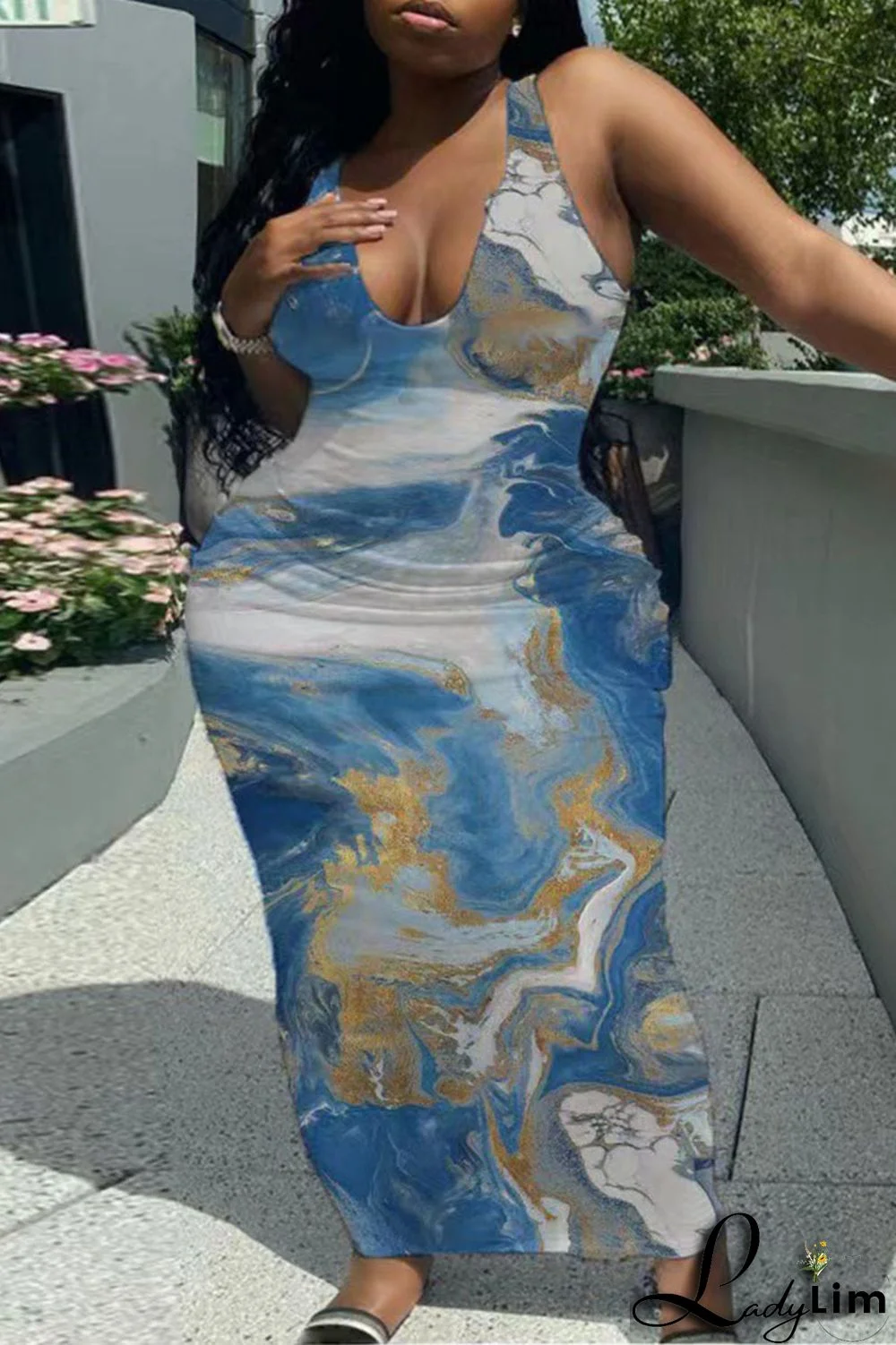 Tangerine Red Sexy Daily Print Graffiti V Neck Wrapped Skirt Plus Size Dresses