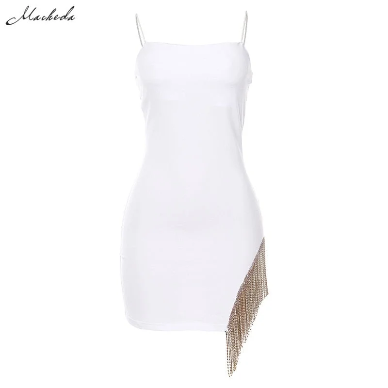Macheda Women Sexy Spaghetti Strap Mini Dress Side Crystal Tassel Split Party Dress Lady Backless Slim Solid Vestidos 2019 New