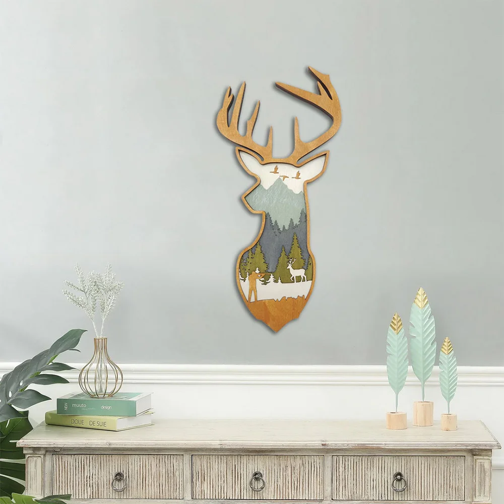 Purexcellent&trade; New creative home desktop wood carving elk head handicraft decoration