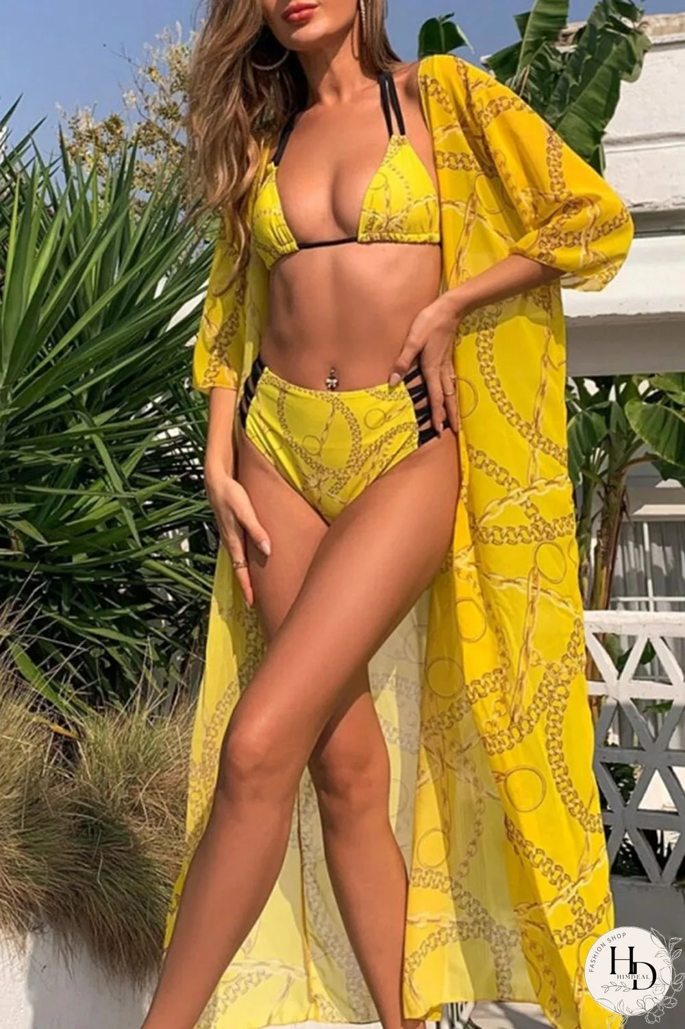 Yellow Sexy Print Bandage Patchwork 3 Piece Sets