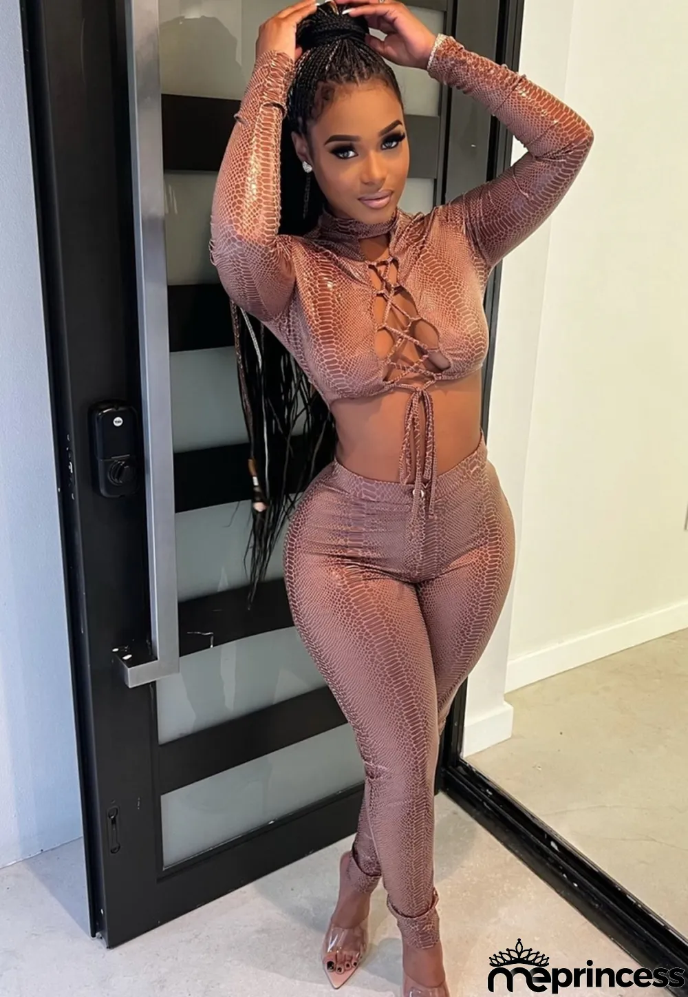 Spring Sexy Brown Printed Round Neck Lace-up Long Sleeve Cropped Top and Slim Pants Set Wholesale Two Piece Clothing