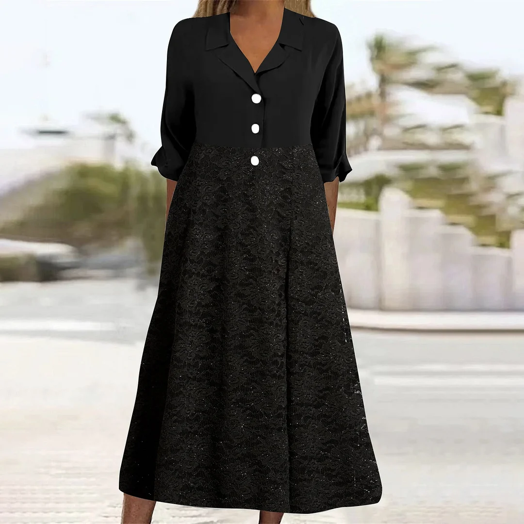 Women Casual Loose Dress with Pockets in Pattern Black, Glitter