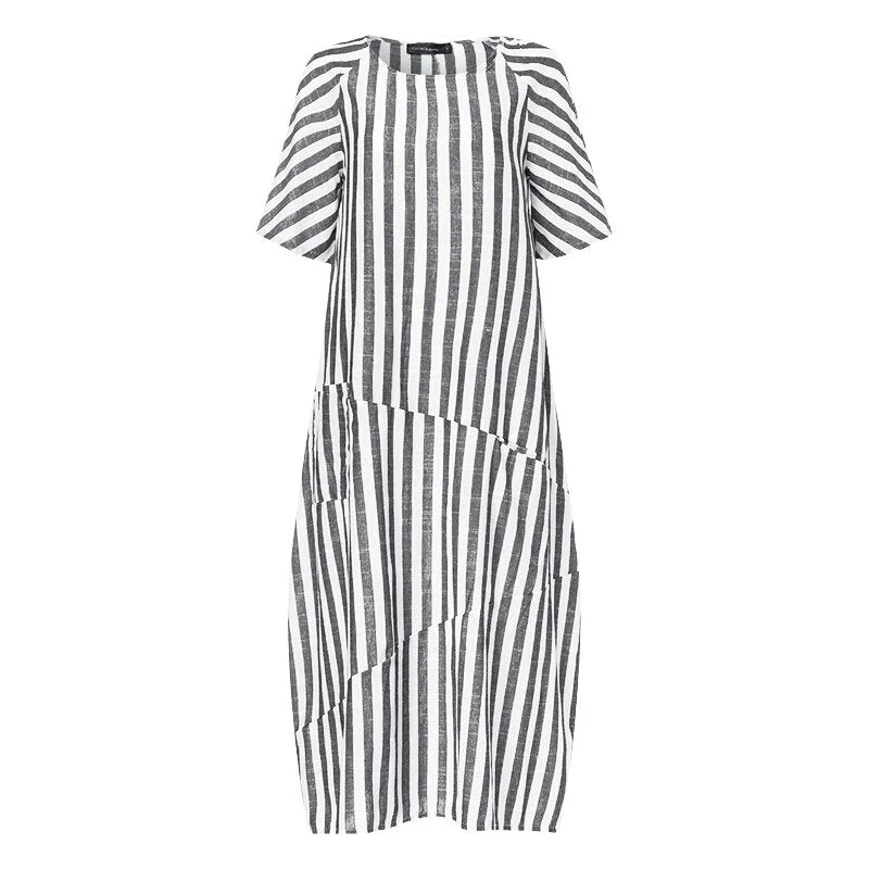 Celmia Women Vintage Striped Dress 2021 Summer Female Short Sleeve Pockets Casual Loose Party Maxi Dress  Long Vestidos