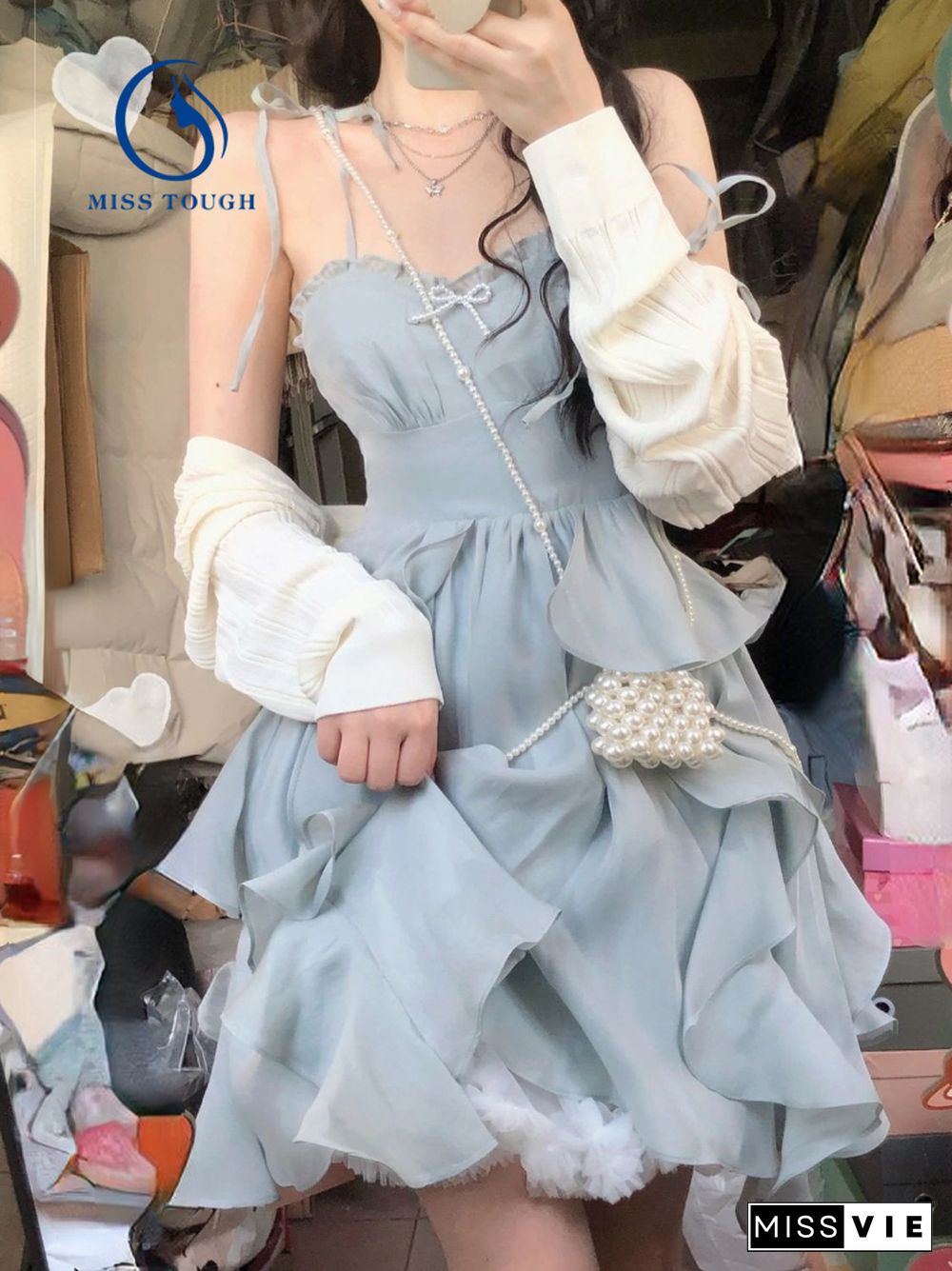 Blue Strap Mini Dress Women Korea Clothing Fashion Suits Casual 2 Piece Dress Set Female Kawaill Elegant Party Dress Summer