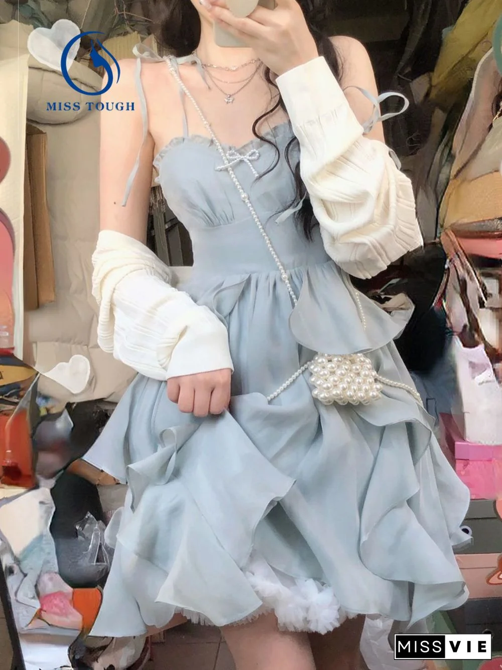 Blue Strap Mini Dress Women Korea Clothing Fashion Suits Casual 2 Piece Dress Set Female Kawaill Elegant Party Dress Summer