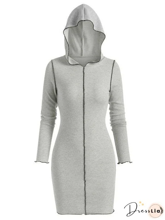 Hooded Rib-knit Slinky Topstitching Bodycon Dress for Women