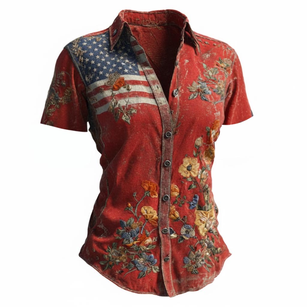 Women's Vintage American Flag 250th Anniversary Floral Print Short-Sleeve Shirt - Helixace