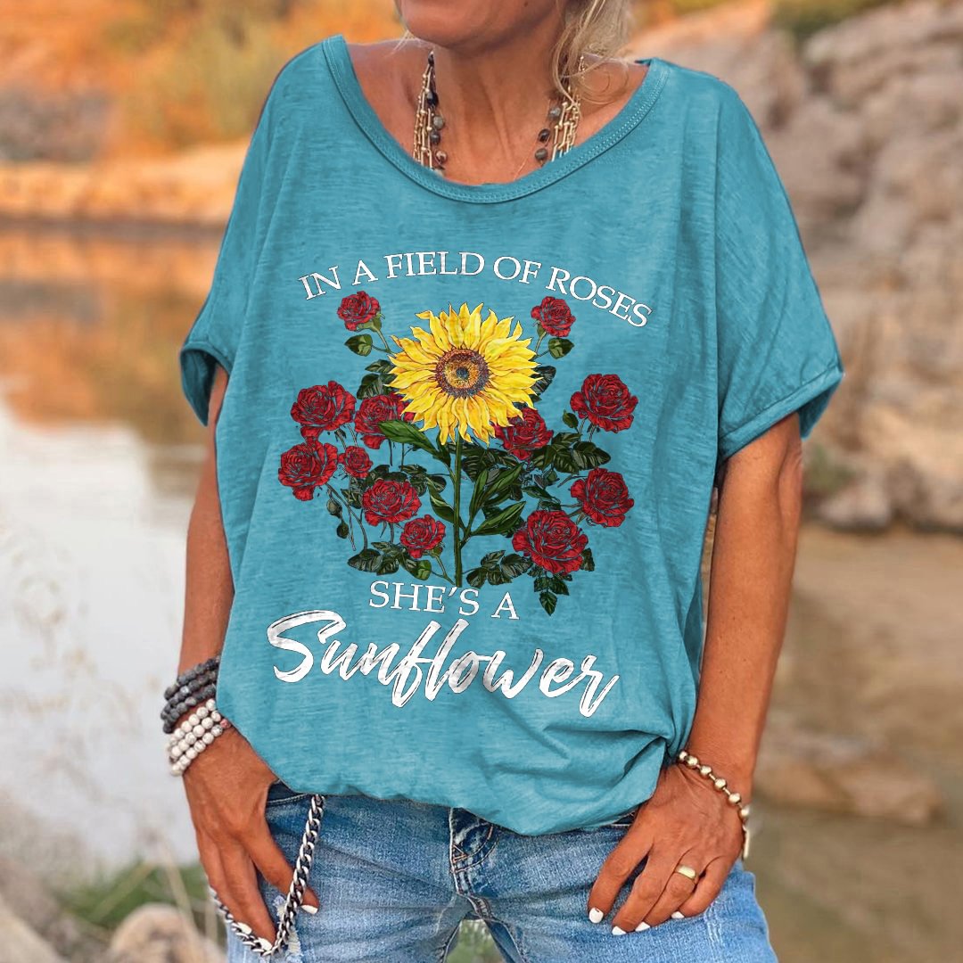 Women's In A Field Of Roses She's A Sunflower Print T-shirt