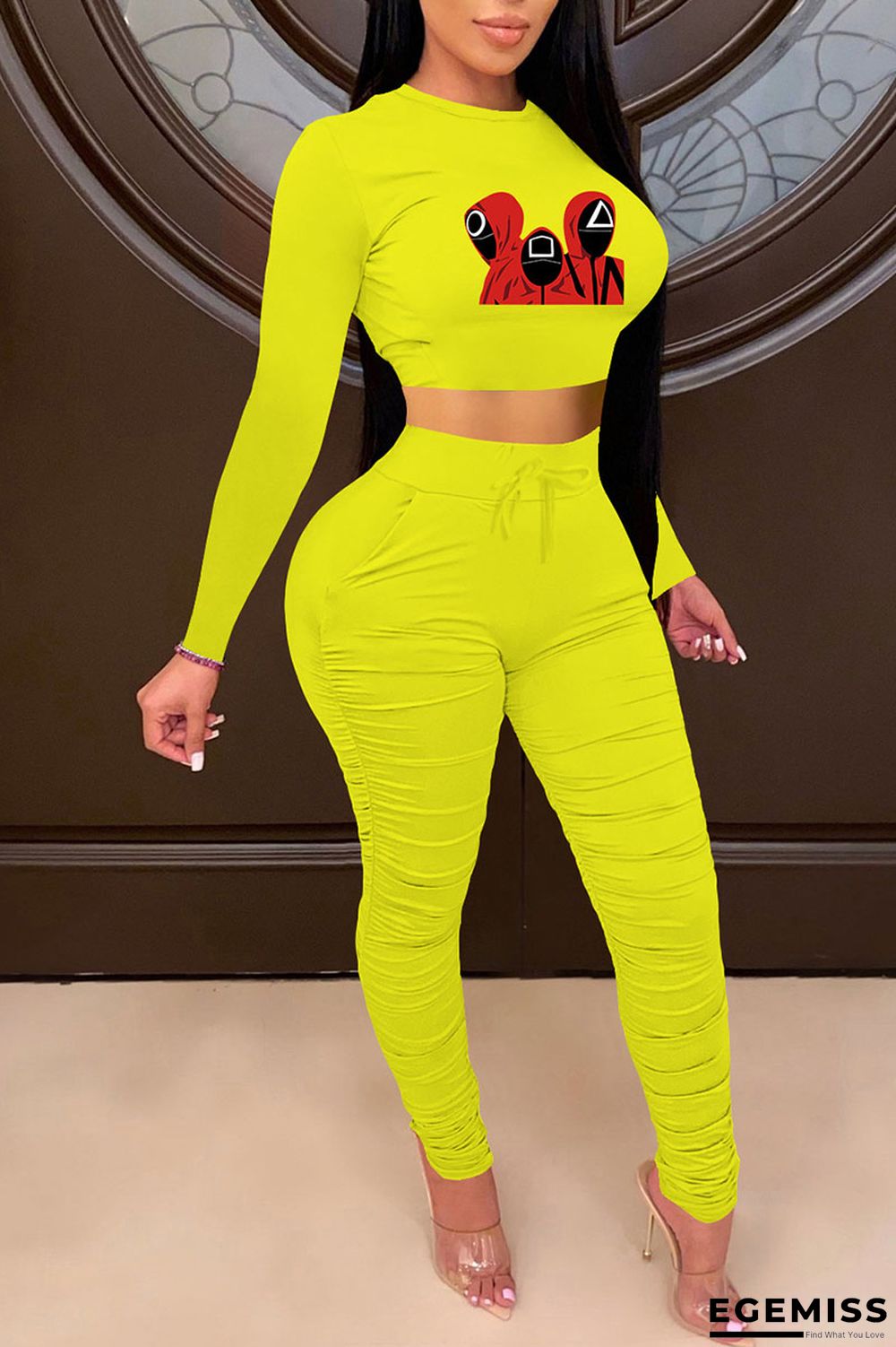 Yellow Casual Print Patchwork Fold O Neck Long Sleeve Two Pieces | EGEMISS