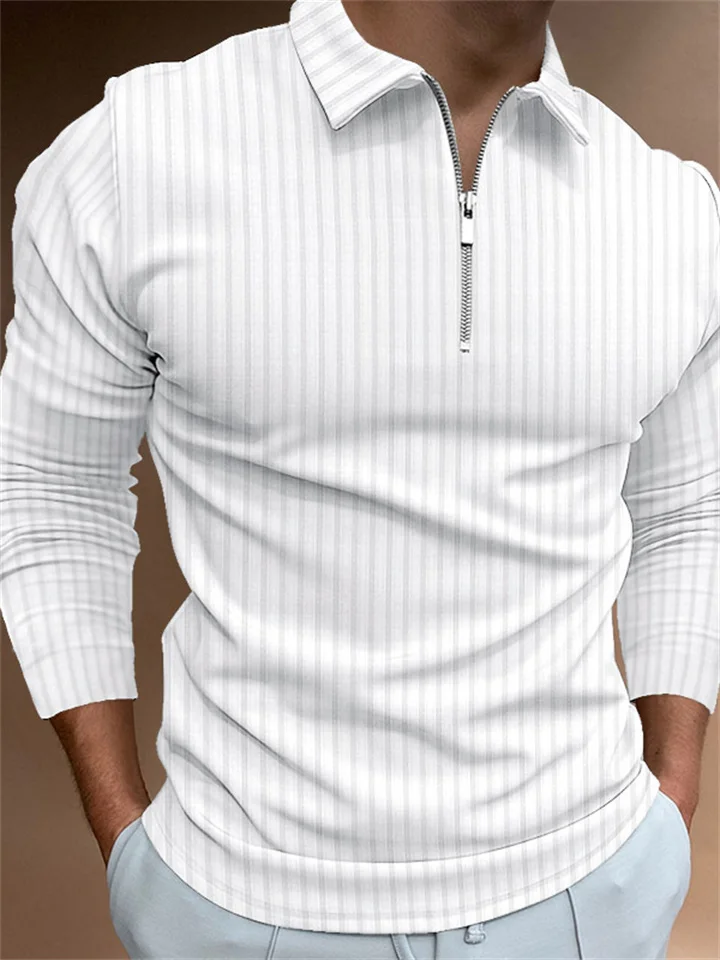 Men's New Solid Color Striped Zipper Polo Shirt Paul Shirt Polo Shirt S,M,L,XL,XXL,XXXL-Cosfine