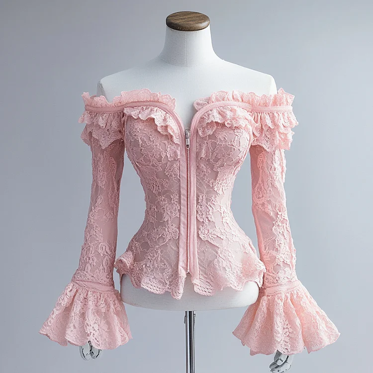 Ursime Lace Off Shoulder Ruffle Trim Flare Sleeve Zipper Blouse