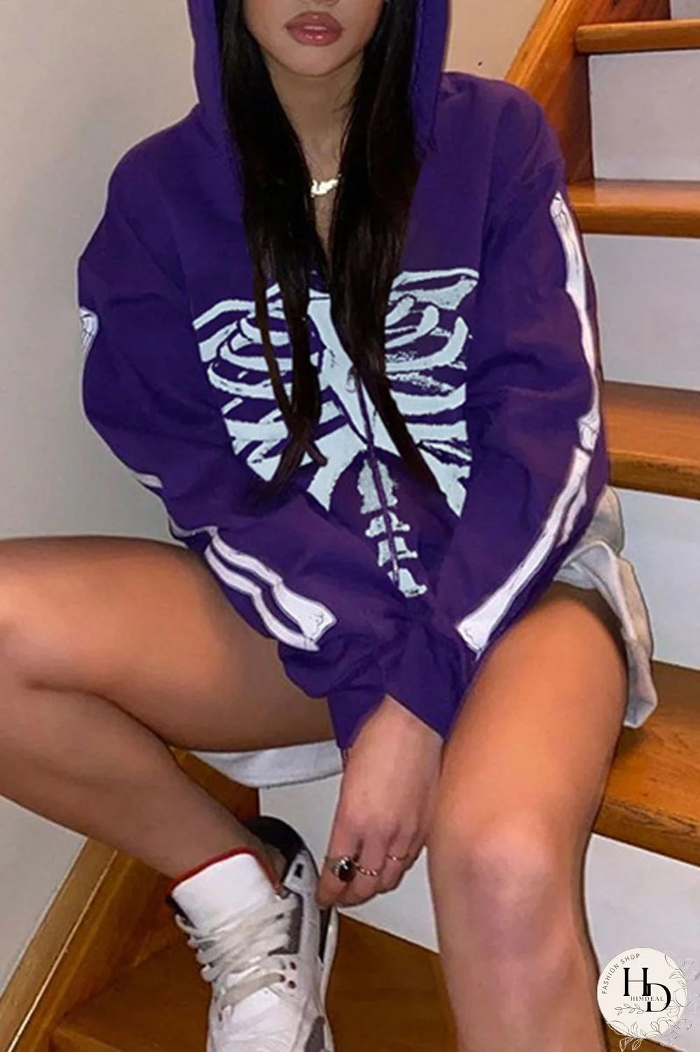 Red Street Print Split Joint Zipper Hooded Collar Outerwear