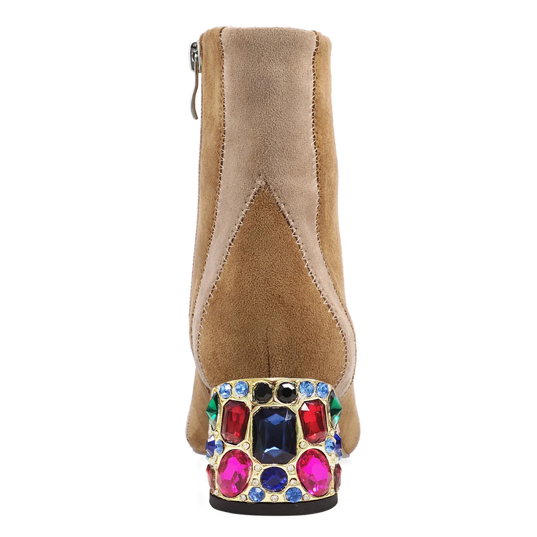 Two Tone Faux Suede Rhinestone Embellished Ankle Boots in Beige