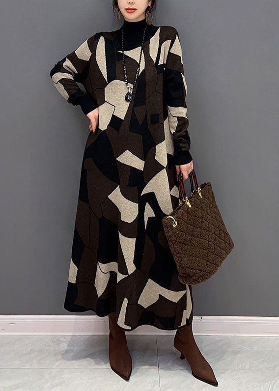 VCSHOES Chocolate Hign Neck Geometric Print Knit Sweater Dress Winter