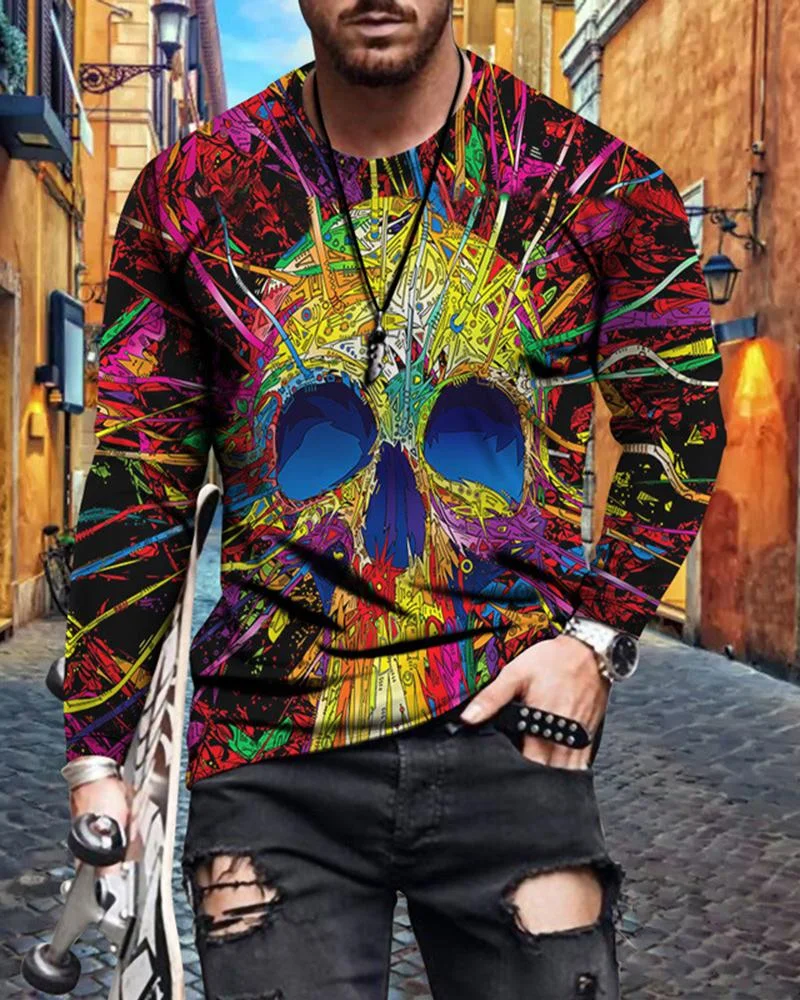 men's skull print long-sleeved T-shirt