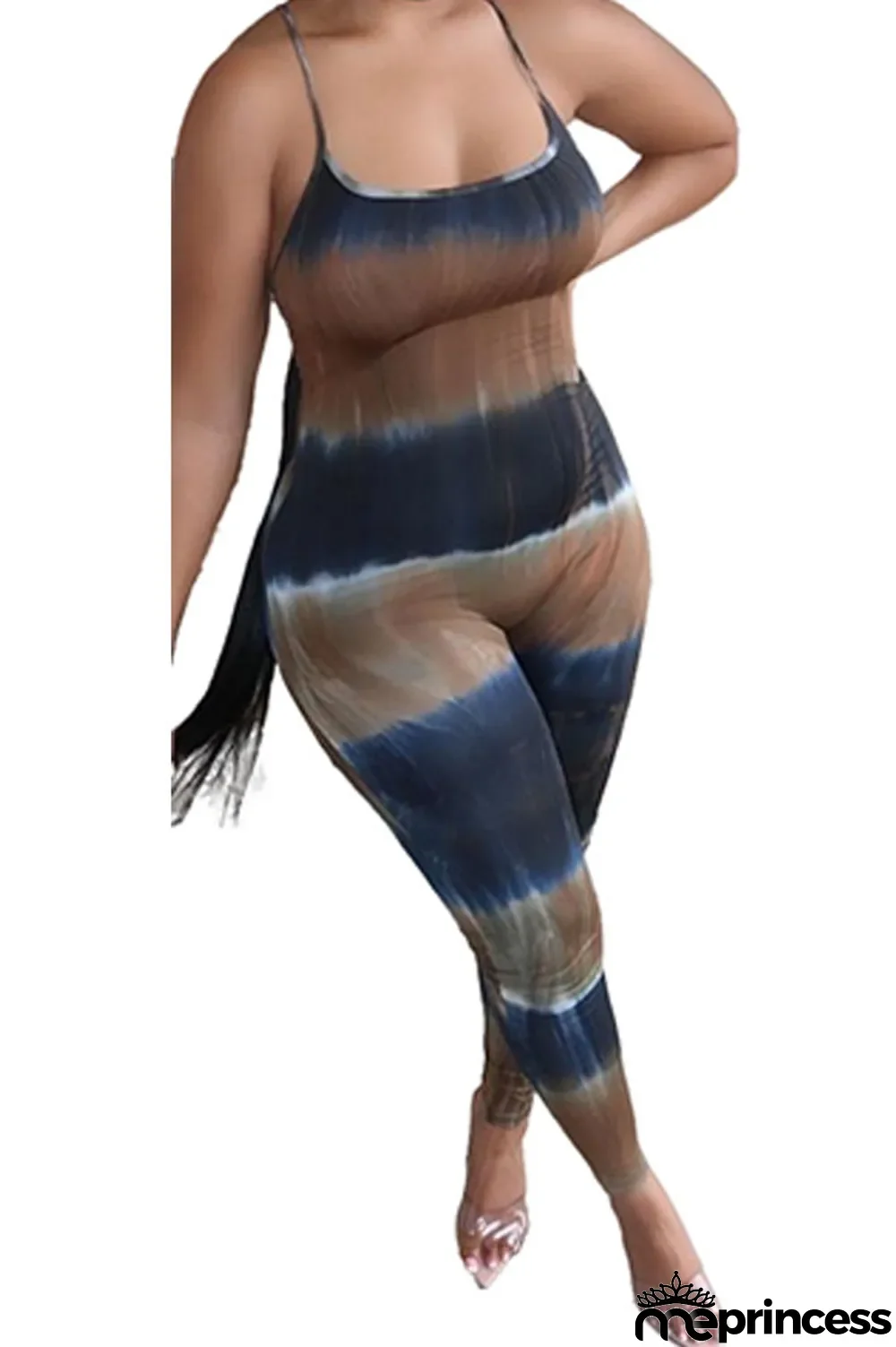 Blue Fashion Sexy Tie-dyed Sleeveless Slip Jumpsuits