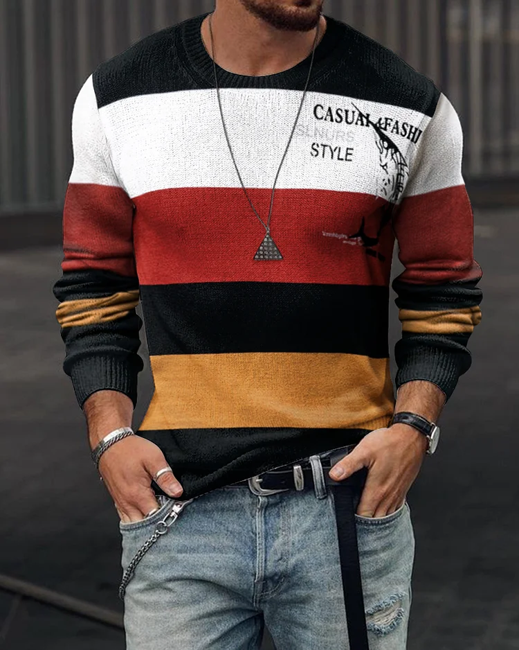 Fashion Color Contrast Stitching Round Neck Men's Top