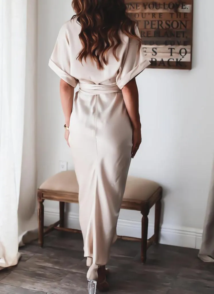 Vintage Plain Short Sleeve Midi Dress With Belt-vocosishoes