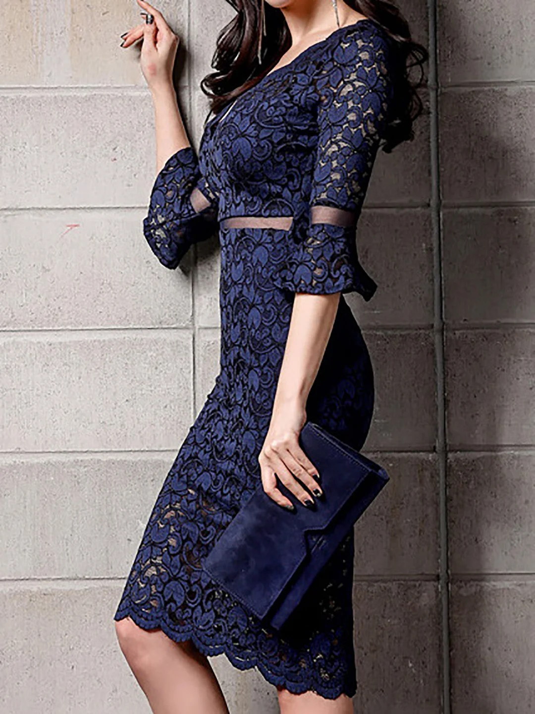 Navy Blue V Neck Bell Sleeve Slit Midi Dresses