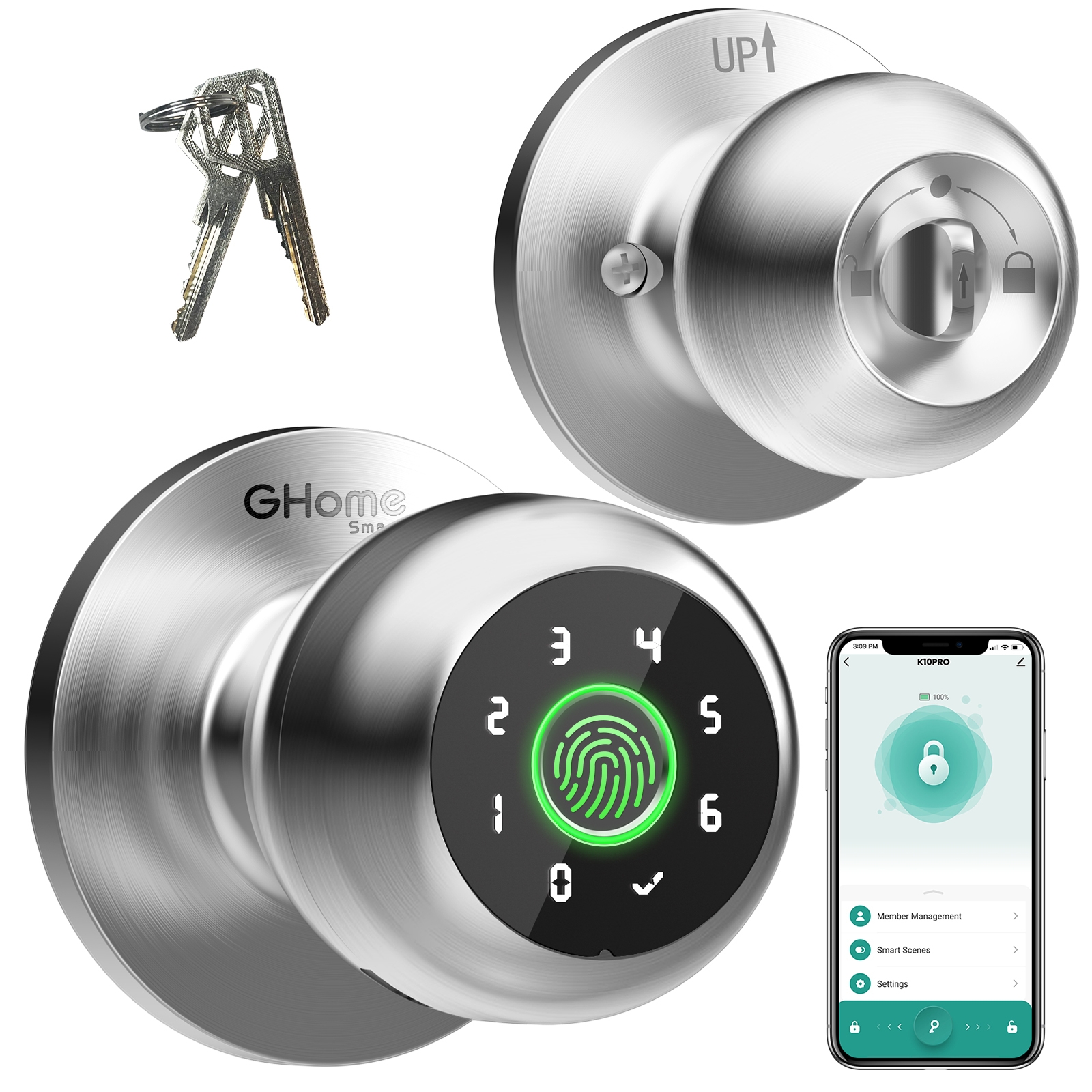 4 in 1 Smart Fingerprint Door Knob with Keypad Smart Door Lock, Biometric Door Knobs & App Control, Keyless Entry Door Lock Great for Home, Bedroom, Apartment Offices and Garages Black K10PRO