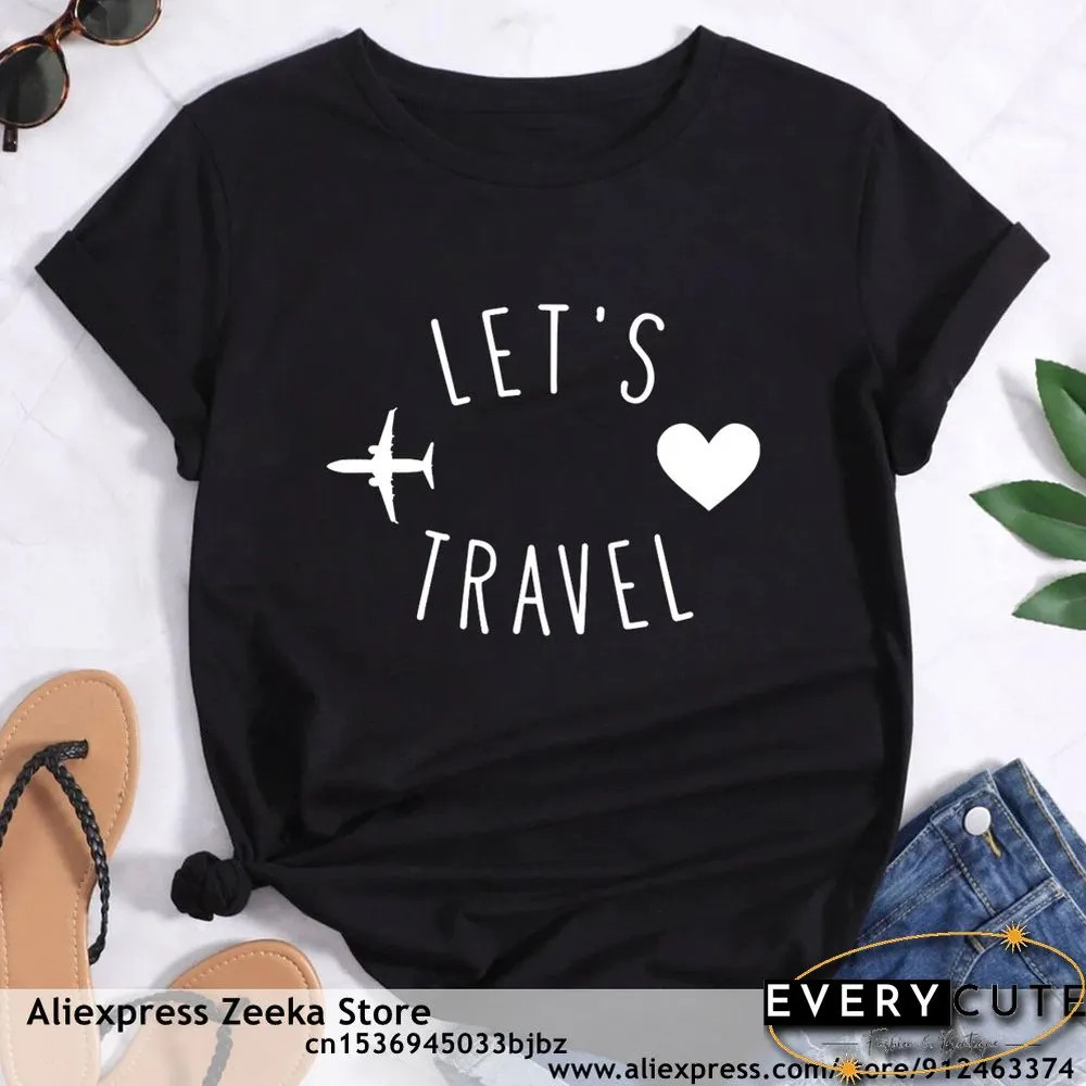 Womens Traveling Fun Print Tee-Shirt for Girls Y2K Harajuku Basics Collar White Shirt