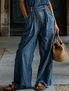 Women's V-Neck Retro Belt Wide-Leg Denim Jumpsuit by Inlyline