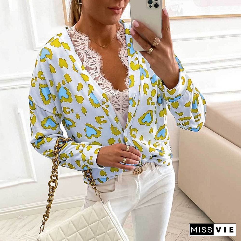 Women Vintage Casual Loose Button Blouses Shirts Fashion Harajuku Printed Pattern Tops Autumn Street Long Sleeve Clothes Blusas