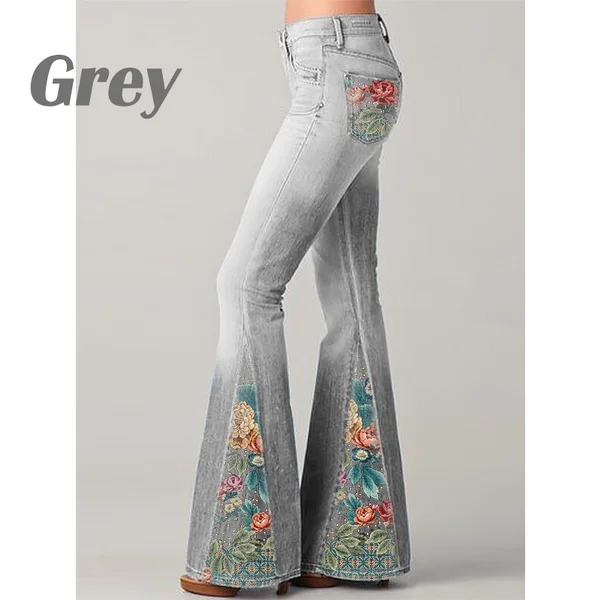 New Fashion Women Chic Lace/Floral Printed High Waist Bell Bottom Pants Elegant Spliced Broad Feet Trousers Casual Loose Gradient Print Long Jeans