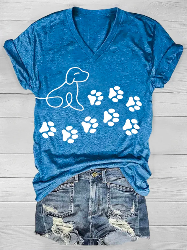Women's Dog Paw Print Casual Loose V Neck Dog T-Shirt socialshop