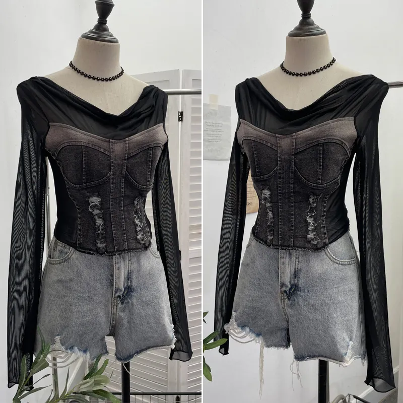 Churchf Sexy Collar Long-Sleeved T-Shirt To Make Old Hole Cowboy Splicing Net Bare Back Short Top 2236