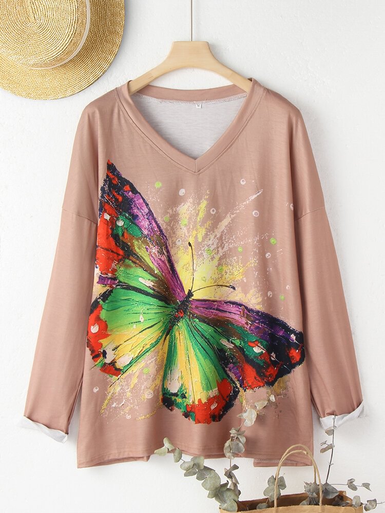 Butterfly Print V neck Long Sleeve Casual T Shirt For Women P1767769