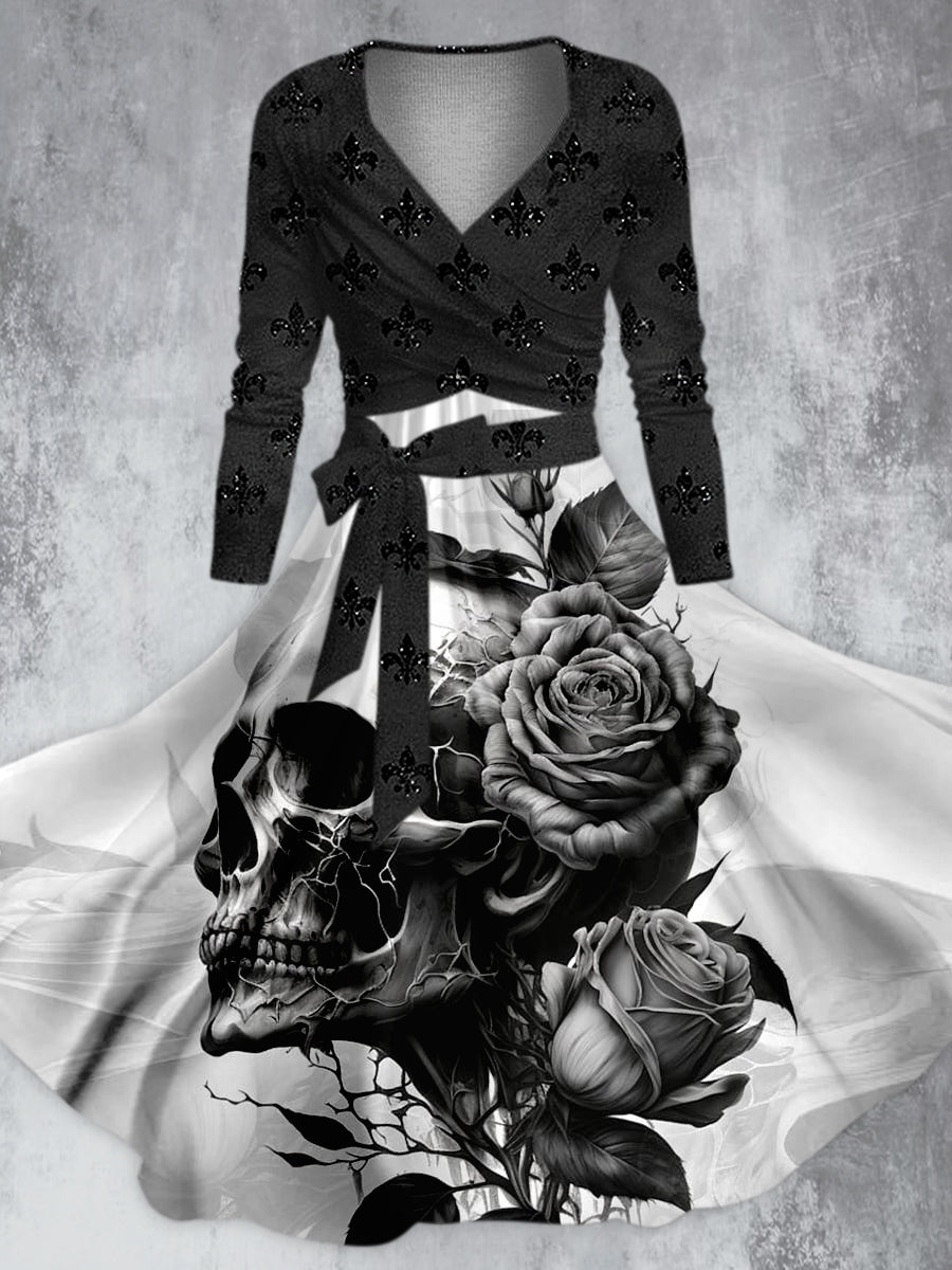 Vintage Punk Rose Skull Print V-Neck Long Sleeve Two Piece Fashion Midi Dress