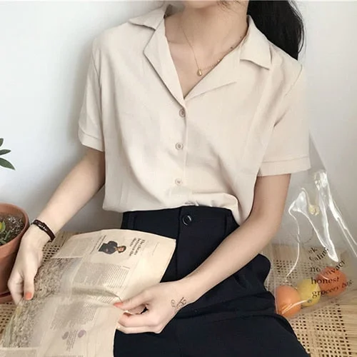 Womens Tops And Blouses V Neck Office White Shirt 2020 Short Sleeve Shirts Summer Japanese Korean Clothes Female Blusas ##H35