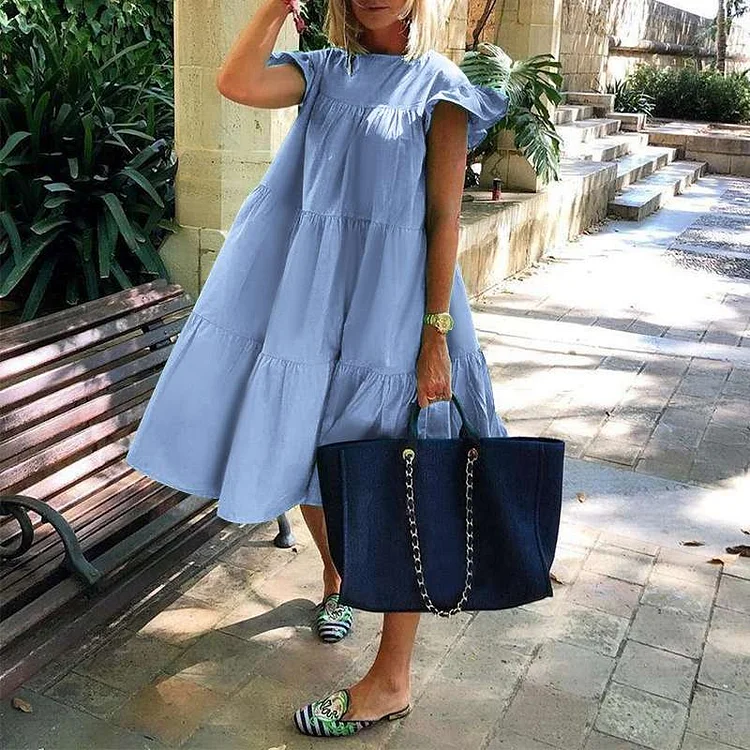 New Fashion Solid Color Short Sleeve Loose Chic Pleated Casual Dress