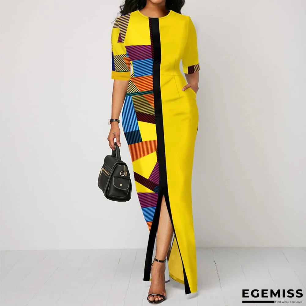 Fashion Short Sleeve Printed Dress Stitching Pocket Slit Skirt | EGEMISS