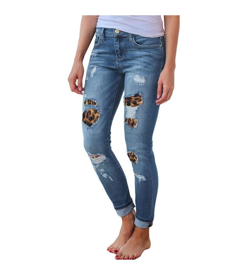 Fashion Leopard Print Patchwork Design Pencil Jeans S-2XL