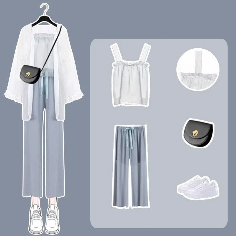 Spring/Summer Comfy Casual Fashion White Top and Blue Pants Set SP16115