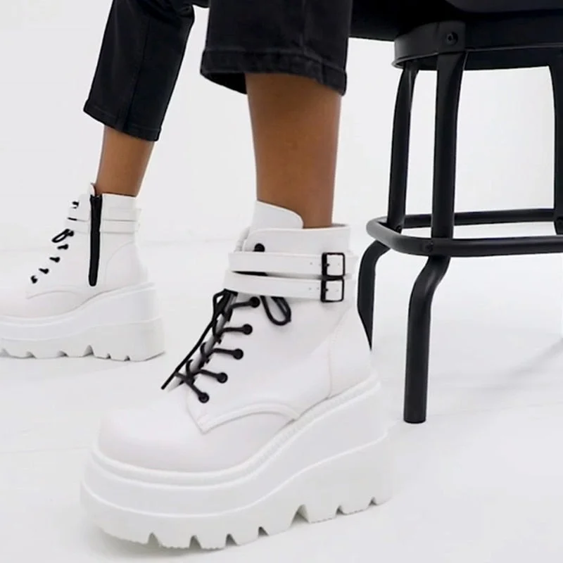 2020 New Women's Thick Bottom Muffin Boots Lace Up Flat Biker Combat Shoes Buckle Women Martin Boots