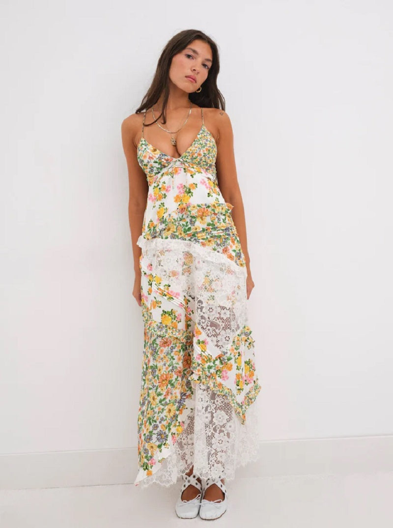 Beyprern Printed suspender paneled hem long dress