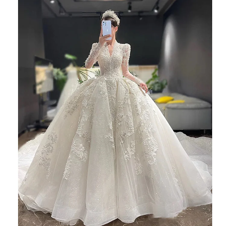 The Great Gatsby Daisy Dress Long Sleeve Wedding Dress 2021 Autumn and Winter New Bridal Palace Style V-neck Heavy Work Large Tail Sexy Wedding Dress Factory Wholesale