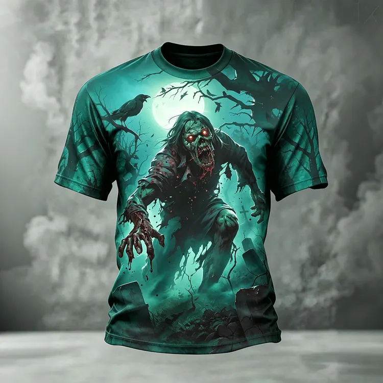 Men's Halloween Retro Forest Zombie Skull Print Crew Neck Short Sleeve T-shirt